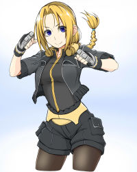 Rule 34 | 1girl, belt, black gloves, black jacket, black shirt, black shorts, blonde hair, blue eyes, blush, braid, brass knuckles, breasts, clenched hand, clenched hands, closed mouth, collarbone, commentary request, determined, facing viewer, fighting stance, fingerless gloves, floating hair, gloves, hair tie, hands up, happy, highres, jacket, jewelry, knuckledusters, kurobuta (iina), long hair, looking at viewer, medium breasts, mirage koas, open clothes, open jacket, pantyhose, pocket, shirt, short sleeves, shorts, single braid, smile, solo, standing, star ocean, star ocean till the end of time, weapon