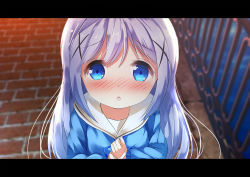Rule 34 | 1girl, :o, blue eyes, blue hair, blue ribbon, blue sweater, blurry, blurry background, blush, chestnut mouth, chinomaron, commentary request, depth of field, gochuumon wa usagi desu ka?, hair between eyes, hair ornament, hands up, kafuu chino, letterboxed, long hair, long sleeves, looking at viewer, neck ribbon, nose blush, own hands together, parted lips, railing, ribbon, sailor collar, school uniform, serafuku, solo, sweater, white sailor collar, x hair ornament