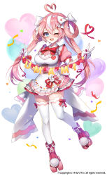 Rule 34 | 1girl, ahoge, apple caramel, apron, blue eyes, blush, bow, breasts, confetti, copyright notice, dress, full body, gloves, hair between eyes, hair bow, hair ornament, hair rings, heart, heart ahoge, high tops, highres, index finger raised, long hair, looking at viewer, medium breasts, multicolored hair, official art, one eye closed, open mouth, original, pink footwear, pink hair, puffy short sleeves, puffy sleeves, rabbit hair ornament, ribbon, roller skates, shoes, short dress, short sleeves, simple background, skates, smile, sneakers, streaked hair, thighhighs, twintails, v, very long hair, white background, white gloves, white hair, white thighhighs, zettai ryouiki