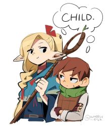 Rule 34 | 1boy, 1girl, ambrosia (dungeon meshi), armor, arrcticc fish, artist name, blonde hair, blue capelet, blue robe, brown hair, capelet, chilchuck tims, cropped torso, crossed arms, dungeon meshi, english text, green scarf, hair over shoulder, holding, holding staff, leather armor, long hair, looking at another, mage staff, marcille donato, robe, scarf, short hair, simple background, sketch, smug, staff, thought bubble, upper body, white background