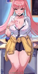 Rule 34 | 1girl, absurdres, arm support, bra, bracelet, breasts, ceroccb, choker, cleavage, commentary, commission, contemporary, desk, earrings, feet out of frame, female focus, fire emblem, fire emblem: three houses, gyaru, highres, hilda valentine goneril, hoop earrings, indoors, jewelry, large breasts, looking at viewer, matching hair/eyes, miniskirt, necktie, nintendo, open mouth, pink eyes, pink hair, ring, school desk, school uniform, skirt, solo, teeth, thick thighs, thighs, tongue, twintails, underwear, watermark