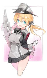 Rule 34 | 10s, 1girl, bad id, bad pixiv id, blonde hair, blue eyes, gloves, hat, kantai collection, long hair, minono aki, peaked cap, prinz eugen (kancolle), smile, solo, twintails, uniform, weapon