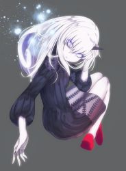 Rule 34 | 1girl, albino, bags under eyes, bbci, black dress, black nails, colored skin, commentary request, dress, fate/grand order, fate (series), grey background, horns, lavinia whateley (fate), long hair, long sleeves, nail polish, purple eyes, ribbed dress, single horn, solo, white hair, white skin, wide-eyed