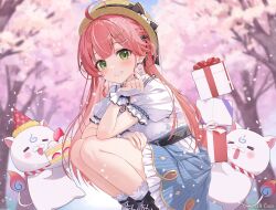 Rule 34 | 1girl, 35p (sakura miko), ahoge, amagai tarou, aqua skirt, belt, black belt, black bow, black footwear, blue skirt, blurry, boots, bow, box, braid, cake, cake slice, center-flap bangs, cherry blossoms, commentary request, copyright notice, cross-laced footwear, day, depth of field, double-parted bangs, dress, earrings, elbow on knee, finger heart, fingerless gloves, flower earrings, food, frilled dress, frilled gloves, frills, from side, gift, gift box, gloves, gold trim, green eyes, grin, hair between eyes, hair ornament, hairclip, half updo, hand on own thigh, hand up, hat, hat bow, highres, hololive, jewelry, lace trim, legs together, long hair, looking at viewer, neck ribbon, official alternate costume, official alternate hairstyle, official art, one side up, outdoors, overskirt, party hat, pink hair, pleated dress, puffy short sleeves, puffy sleeves, ribbon, sakura miko, sakura miko (street), short sleeves, sidelocks, skirt, smile, socks, solo, squatting, straw hat, strawberry shortcake, striped clothes, striped skirt, vertical-striped clothes, vertical-striped skirt, virtual youtuber, white dress, white gloves, white socks