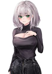 Rule 34 | 1girl, absurdres, arm at side, bad id, bad twitter id, black pants, black sweater, blush, braid, breasts, cleavage, cleavage cutout, clothing cutout, cowboy shot, green eyes, hand on own chest, hand up, highres, hololive, large breasts, long sleeves, looking at viewer, mookie (e mook9), pants, parted lips, shirogane noel, short hair, silver hair, simple background, single braid, solo, sweat, sweater, virtual youtuber, white background, zipper, zipper pull tab