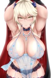 Rule 34 | 1girl, armpits, arms behind head, arms up, artoria pendragon (fate), artoria pendragon (lancer alter) (fate), artoria pendragon (lancer alter) (royal icing) (fate), babydoll, bare shoulders, black panties, blonde hair, blush, breasts, cape, choker, cleavage, collarbone, commentary request, fate/grand order, fate (series), garter belt, hair between eyes, heavy breathing, highres, hip focus, horns, isawo (lucanus19), jewelry, lace, lace-trimmed legwear, lace trim, large breasts, lingerie, long hair, looking at viewer, navel, necklace, official alternate costume, panties, parted lips, see-through, sidelocks, simple background, snowflake print, solo, sparkle, thighhighs, thighs, underwear, white background, yellow eyes
