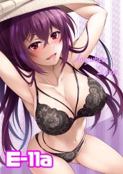 Rule 34 | 1girl, :d, armpits, arms up, black panties, bodysuit, bra, breasts, cleavage, clothes lift, collarbone, colored eyelashes, covered erect nipples, cowboy shot, dotted background, english text, fate/grand order, fate (series), from above, gradient background, hair between eyes, hair intakes, halftone, large breasts, lifted by self, lingerie, long hair, looking at viewer, mukunokino isshiki, navel, open mouth, panties, parted bangs, purple background, purple hair, red eyes, scathach (fate), see-through, skindentation, smile, solo, striped, striped background, underwear, underwear only, undressing, unworn sweater