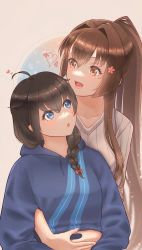 Rule 34 | 2girls, ahoge, black hair, blue eyes, blue sweater, braid, brown eyes, brown hair, brown sweater, cherry blossoms, commentary request, hair flaps, hair intakes, highres, hood, hooded sweater, hoodie, hug, hug from behind, kantai collection, long hair, multiple girls, official alternate costume, ponytail, ribbed sweater, shigure (kancolle), shigure kai ni (kancolle), single braid, snosnow, sweater, upper body, yamato (kancolle)