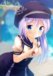 Rule 34 | 1girl, bad id, bad pixiv id, black hat, blue eyes, blue hair, blue sailor collar, blue skirt, blurry, blurry background, blush, cabbie hat, chinomaron, closed mouth, commentary request, day, depth of field, finger to mouth, gochuumon wa usagi desu ka?, hair between eyes, hair ornament, hat, high-waist skirt, kafuu chino, long hair, outdoors, puffy short sleeves, puffy sleeves, sailor collar, shirt, short sleeves, shushing, signature, skirt, smile, solo, very long hair, white shirt, x hair ornament