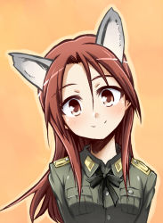 Rule 34 | 1girl, animal ears, blush, kuropan (crow panther), kurou (artist), long hair, military, military uniform, minna-dietlinde wilcke, red eyes, red hair, smile, solo, strike witches, uniform, wolf ears, world witches series