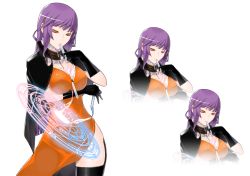 Rule 34 | 1girl, arm under breasts, between breasts, black cape, black gloves, breasts, caladrius, cape, choker, cleavage, dress, elbow gloves, frilled choker, frills, gloves, large breasts, long hair, official art, orange dress, orange eyes, purple hair, simple background, sophia fulancelli, test tube, thighhighs, thighs, yasuda suzuhito