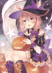 Rule 34 | :d, animal ears, black hat, blush, boots, cat ears, choker, detached sleeves, dress, ears through headwear, fang, hair between eyes, hair ribbon, halloween, hat, jack-o&#039;-lantern, long sleeves, looking at viewer, low twintails, moon, nagitoki, open mouth, original, pink hair, puffy sleeves, purple eyes, ribbon, sitting, sitting on object, smile, solo, star (symbol), twintails, witch hat