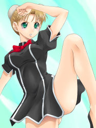 Rule 34 | 1girl, ass, bare legs, black dress, blush, bow, bowtie, bun cover, clenched teeth, dress, fighting stance, green eyes, high heels, leg up, parted lips, pumps, quiz magic academy, red bow, red bowtie, short hair, short sleeves, solo, teeth, thighs, yang yang, yaso shigeru