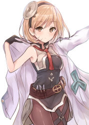 Rule 34 | 1girl, absurdres, armpits, bare arms, bare shoulders, belt, black dress, black gloves, blonde hair, blush, breasts, brown belt, brown eyes, brown pantyhose, closed mouth, coat, cowboy shot, djeeta (granblue fantasy), doctor (granblue fantasy), dress, gloves, granblue fantasy, hairband, hand up, highres, jacket, lab coat, long sleeves, looking at viewer, medium breasts, natsu (sinker8c), necktie, open clothes, open coat, outstretched arm, pantyhose, red necktie, short dress, short hair, sidelocks, simple background, sleeveless, sleeveless dress, solo, standing, white background, white coat