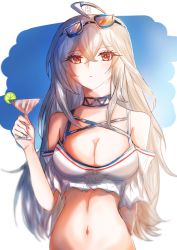 Rule 34 | 1girl, ahoge, arknights, bare shoulders, choker, cocktail glass, commentary, crop top, cup, drinking glass, eyewear on head, hair between eyes, hand up, highres, holding, holding cup, long hair, looking at viewer, midriff, navel, no headwear, off-shoulder shirt, off shoulder, official alternate costume, red eyes, shirt, short sleeves, silver hair, skadi (arknights), skadi (waverider) (arknights), solo, spicyy, stomach, sunglasses, upper body, very long hair, white shirt