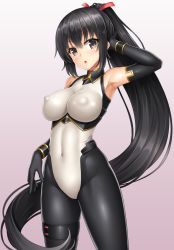 Rule 34 | 1girl, armpits, bare shoulders, black eyes, black gloves, black hair, bodysuit, breasts, chestnut mouth, commentary request, covered erect nipples, covered navel, cowboy shot, elbow gloves, gloves, hair ribbon, hand on own head, lambda (kusowarota), large breasts, long hair, looking at viewer, nagi (sennen sensou aigis), ponytail, ribbon, sennen sensou aigis, shiny clothes, simple background, solo, thigh strap, triangle mouth, very long hair