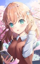 Rule 34 | 1girl, alternate costume, aqua eyes, asumi dori, blue sky, blush, breasts, brown sweater vest, cherry blossoms, collared shirt, crossed bangs, earphones, falling petals, hair ornament, highres, hinoshita kaho, holding, holding earphones, holding phone, link! like! love live!, looking at viewer, love live!, medium breasts, medium hair, open mouth, orange hair, petals, phone, pink petals, rabbit hair ornament, shadow, shirt, sky, smile, solo, sweater vest, two side up, virtual youtuber, white shirt, wireless earphones