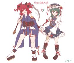 Rule 34 | 2girls, adapted costume, asymmetrical hair, black bow, black footwear, blue headwear, blue kimono, blue skirt, blue vest, boots, bow, closed mouth, cross-laced footwear, dated, english text, full body, green eyes, green hair, grin, hair bow, happy birthday, heart, highres, holding, holding hands, holding scythe, japanese clothes, juliet sleeves, kimono, long sleeves, looking at viewer, medal, medium hair, multiple girls, one eye closed, onozuka komachi, puffy sleeves, red bow, red eyes, red hair, ribbon-trimmed skirt, ribbon trim, rod of remorse, sandals, sash, scythe, shiki eiki, simple background, skirt, smile, standing, tomori yukari, touhou, two side up, v-shaped eyebrows, vest, white background, white bow, white legwear, wide sleeves
