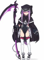 Rule 34 | 1girl, :|, absurdres, black cape, black gloves, buckle, cape, chain, closed mouth, collar, commentary, covered navel, dot nose, expressionless, eyes visible through hair, fate/grand order, fate (series), female focus, full body, gloves, groin, highres, holding, holding weapon, hood, hooded cape, leash, leotard, long hair, looking at viewer, medusa (fate), medusa (lancer) (fate), medusa (rider) (fate), nonono (mino), purple eyes, purple hair, rider, scythe, shaded face, sidelocks, simple background, solo, standing, thighhighs, very long hair, weapon, white background, white thighhighs