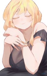 Rule 34 | 1girl, :3, absurdres, bare shoulders, black dress, blonde hair, bracelet, breasts, cleavage, dress, closed eyes, facing viewer, fingernails, hands up, highres, jewelry, large breasts, long hair, off-shoulder dress, off shoulder, original, ryusei hashida, signature, simple background, sitting, smile, solo, uwu, white background