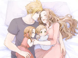 Rule 34 | 2boys, 2girls, aerith gainsborough, ancotsubu, arm around waist, belt, black pants, blonde hair, blue eyes, blush, bow, braid, breasts, brother and sister, brown belt, brown hair, child, closed eyes, cloud strife, couple, dress, father and daughter, final fantasy, final fantasy vii, final fantasy vii remake, green eyes, grey shirt, hair between eyes, hetero, highres, holding hands, if they mated, long hair, long sleeves, looking at another, looking at viewer, medium breasts, mother and daughter, mother and son, multiple boys, multiple girls, on bed, open mouth, pants, parent and child, parted bangs, pillow, pink bow, pink dress, shirt, shirt under dress, short hair, siblings, sidelocks, sleeveless, sleeveless dress, smile, spiked hair, t-shirt, twin braids, upper body, wavy hair, white shirt