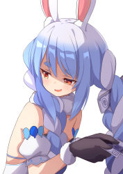 Rule 34 | 1girl, ame., animal ear fluff, animal ears, bare shoulders, black gloves, blue hair, blush, braid, brown eyes, commentary request, detached sleeves, dollar sign, don-chan (usada pekora), dress, fur-trimmed gloves, fur trim, gloves, hair between eyes, hair over shoulder, hands up, highres, holding, hololive, long hair, looking away, looking to the side, money-shaped pupils, multicolored hair, puffy short sleeves, puffy sleeves, rabbit ears, short eyebrows, short sleeves, simple background, strapless, strapless dress, symbol-shaped pupils, thick eyebrows, twin braids, twintails, two-tone hair, upper body, usada pekora, usada pekora (1st costume), virtual youtuber, white background, white dress, white hair, white sleeves