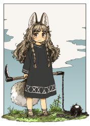 Rule 34 | 1girl, :|, akai sashimi, animal ears, arms behind back, big hair, black dress, blush, braid, brown eyes, brown hair, closed mouth, cloud, dress, eyebrows, full body, grass, hair over shoulder, highres, holding, holding weapon, kusarigama, long hair, long sleeves, looking at viewer, no socks, original, outdoors, plant, sandals, sickle, solo, spikes, standing, tail, twin braids, wavy mouth, weapon