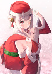 Rule 34 | 1girl, ;), arm up, bag, bekkuro, bell, blush, closed mouth, commentary request, dress, fur-trimmed dress, fur trim, hair bell, hair bun, hair ornament, hat, highres, holding, holding bag, hololive, horns, jingle bell, long hair, long sleeves, looking at viewer, nakiri ayame, off shoulder, one eye closed, red dress, red eyes, santa costume, santa hat, silver hair, single hair bun, skin-covered horns, smile, solo, standing, very long hair, virtual youtuber