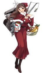 Rule 34 | 10s, 1girl, ahoge, basket, belt, black footwear, blush, boots, bow, breasts, brown hair, capelet, carrot, christmas, cleavage, cleavage cutout, clothing cutout, dress, food, fruit, fujikawa, full body, fur trim, hair bow, hair ornament, hairclip, head tilt, high heel boots, high heels, holding, holly, ice cream, kantai collection, large breasts, long dress, long hair, machinery, mamiya (kancolle), mistletoe, official art, onion, open mouth, parted bangs, pom pom (clothes), potato, red bow, red dress, red eyes, santa costume, smile, solo, standing, strawberry, swept bangs, transparent background