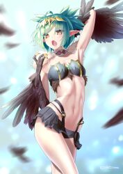 Rule 34 | 1girl, arm behind head, black feathers, black wings, breasts, claws, commentary request, commission, fang, feathers, green hair, harpy, highres, indie virtual youtuber, lincoro, monster girl, navel, open mouth, pointy ears, short hair, short twintails, skeb commission, small breasts, solo, tiara, toweling3, twintails, virtual youtuber, winged arms, wings, yellow eyes