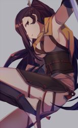 Rule 34 | 1girl, aoki shizumi, armor, armpits, bad id, bad pixiv id, breasts, brown eyes, brown hair, fire emblem, fire emblem fates, grey background, hair over one eye, kagero (fire emblem), long hair, looking at viewer, medium breasts, ninja, nintendo, ponytail, sandals, scarf, solo, yellow scarf
