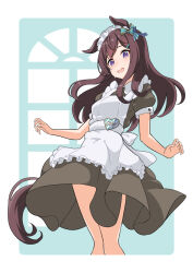 Rule 34 | 1girl, alternate costume, animal ears, apron, black dress, blush, brown hair, dress, enmaided, frilled apron, frills, from below, highres, horse ears, horse girl, horse tail, long hair, looking at viewer, looking down, maid, maid apron, maid headdress, mejiro dober (umamusume), open mouth, puffy short sleeves, puffy sleeves, purple eyes, shiromaru illust, short sleeves, solo, tail, umamusume, waist apron, white apron