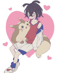 Rule 34 | 1boy, black hair, blue socks, blush, closed mouth, commentary, creatures (company), crossed bangs, english commentary, furret, game freak, gen 2 pokemon, hair between eyes, heart, jacket, kieran (pokemon), long sleeves, male focus, mole, mole on neck, multicolored hair, nintendo, off shoulder, open clothes, open jacket, open mouth, orange eyes, pokemon, pokemon (creature), pokemon sv, purple hair, red tank top, shoes, shorts, simple background, socks, tank top, tet0325, two-tone background
