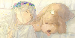 Rule 34 | 10s, 1boy, aged down, bug, butterfly, butterfly on head, dog, closed eyes, flower, head wreath, insect, long hair, lying, makkachin, male focus, nita (msre27), parted lips, petals, silver hair, tongue, tongue out, viktor nikiforov, yuri!!! on ice