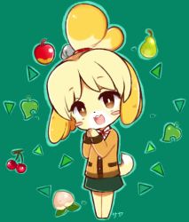 Rule 34 | 1girl, :3, animal crossing, animal ears, apple, artist name, barefoot, bell, blonde hair, blush stickers, brown eyes, cherry, chibi, dog ears, dog girl, dog tail, female focus, food, fruit, full body, furry, furry female, green background, green outline, green skirt, hair bell, hair ornament, hair tie, hands up, happy, isabelle (animal crossing), jacket, japanese text, jingle bell, leaf, legs together, long sleeves, looking at viewer, miniskirt, neck ribbon, nintendo, open mouth, outline, own hands together, peach, pear, red ribbon, ribbon, sekihan (saya), shirt, short hair, signature, simple background, skirt, smile, solo, standing, tail, teeth, topknot, translated, triangle, white shirt, yellow jacket
