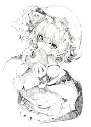 Rule 34 | 1girl, apple, bad id, bad pixiv id, bare shoulders, bat wings, brooch, food, fruit, graphite (medium), greyscale, hat, heart, highres, jewelry, mob cap, monochrome, oshake, remilia scarlet, short hair, simple background, solo, touhou, traditional media, wings