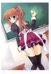 Rule 34 | 1girl, :p, absurdres, black thighhighs, blue eyes, board eraser, bow, brown hair, chalkboard, classroom, desk, dutch angle, from behind, hair ribbon, highres, image sample, indoors, knees together feet apart, long hair, looking at viewer, looking back, mitha, page number, plaid, pleated skirt, ponytail, ribbon, scan, school, school desk, school uniform, side ponytail, skirt, solo, thigh gap, thighhighs, tongue, tongue out, zettai ryouiki