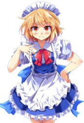 Rule 34 | 1girl, apron, blonde hair, blue dress, blush, bow, bowtie, buttons, center frills, cowboy shot, dress, e.o., frilled dress, frills, hand on own hip, highres, looking at viewer, maid, maid apron, maid headdress, mugetsu (touhou), orange eyes, puffy short sleeves, puffy sleeves, red bow, red bowtie, short hair, short sleeves, simple background, solo, standing, touhou, touhou (pc-98), white apron, white background