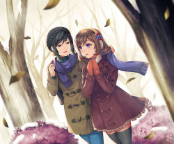 Rule 34 | 2girls, artist name, bare tree, black hair, black legwear, blue bow, blue pantyhose, blue scarf, bob cut, bow, braid, brown coat, brown hair, bush, coat, cropped legs, crown braid, duffel coat, dutch angle, earmuffs, falling leaves, frilled coat, frills, heart, leaf, long sleeves, looking at another, mittens, multiple girls, open mouth, orange mittens, original, outdoors, own hands together, pantyhose, purple coat, purple eyes, red bow, red eyes, scarf, shimako (smk023), short hair, smile, snow, swept bangs, thighhighs, tree, twitter username, winter, zettai ryouiki