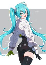Rule 34 | 1girl, :d, aqua eyes, aqua hair, ass, asymmetrical gloves, black bodysuit, black gloves, blush, bodysuit, bodysuit under clothes, cowboy shot, crop top, from behind, gloves, green gloves, grey background, hatsune miku, highres, kamidan, long hair, long sleeves, looking at viewer, looking back, mismatched gloves, open mouth, racing miku, single thighhigh, skindentation, smile, solo, sparkle, thighhighs, twintails, two-tone background, very long hair, vocaloid, white background