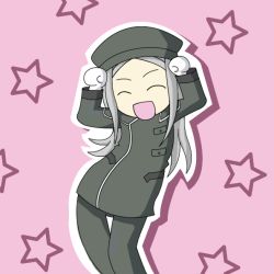 Rule 34 | 00s, 1girl, :d, ^ ^, caramelldansen, closed eyes, dancing, gloves, gundam, gundam 00, long sleeves, military, military uniform, open mouth, pink background, simple background, smile, solo, soma peries, star (symbol), thigh gap, uniform, white gloves