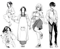 Rule 34 | 1boy, 3girls, apron, bag, cat, closed eyes, contrapposto, endou okito, from behind, full body, glasses, hair bun, height difference, highres, japanese clothes, kimono, legs together, long hair, medium hair, monochrome, multiple girls, obi, original, pleated skirt, pointy ears, sash, school uniform, short hair, sidelocks, skirt, sleeves rolled up, standing, standing on one leg, tabi