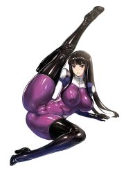 Rule 34 | 1girl, ass, blush, bodysuit, boots, breasts, cameltoe, cleft of venus, commentary request, covered erect nipples, elbow gloves, gloves, kamori sayaka, large breasts, latex, leg up, long hair, looking at viewer, original, purple eyes, rindou (radical dream), skin tight, solo, thigh boots, thighhighs, thighs