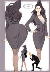 Rule 34 | 10s, 1girl, absurdres, ass, bent over, black hair, breasts, business suit, character name, cleavage, earrings, executive mishiro, feet, formal, from behind, full body, green eyes, hand on own hip, high heels, highres, huge ass, idolmaster, idolmaster cinderella girls, jewelry, large breasts, legs, long hair, long sleeves, looking at viewer, oda non, pantyhose, ponytail, producer (idolmaster), serious, shoes, simple background, skirt, standing, suit, thighs, walking, white background, wide hips
