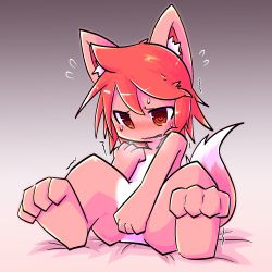 Rule 34 | 1girl, @ @, animal ear fluff, animal ears, animal feet, bed sheet, between legs, blush, body fur, breath, covering privates, covering crotch, embarrassed, feet, female focus, flat chest, flying sweatdrops, fox ears, fox girl, fox tail, full body, furry, furry female, gradient background, grey background, hand between legs, hand on own chest, hand up, have to pee, highres, looking down, matching hair/eyes, nose blush, open mouth, original, red eyes, red fur, red hair, riipappa, short hair, sidelocks, simple background, sitting, solo, spread legs, sweat, tail, trembling, two-tone fur, white fur