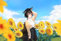 Rule 34 | 1girl, animal ears, arm up, beret, black hair, black hat, black skirt, blue sky, blurry, blurry foreground, blush, breasts, brown cardigan, cardigan, closed mouth, cloud, cloudy sky, commentary, cowboy shot, day, female focus, field, fishofthelakes, flower, flower field, hair between eyes, hair ornament, hairclip, hand on own head, hat, highres, hololive, jewelry, long hair, medium breasts, multicolored hair, necklace, official alternate costume, ookami mio, ookami mio (street), open cardigan, open clothes, orange eyes, outdoors, ponytail, red hair, shirt, skirt, sky, sleeveless, sleeveless shirt, smile, solo, standing, streaked hair, sunflower, sunflower field, two-tone hair, virtual youtuber, white shirt, wolf ears
