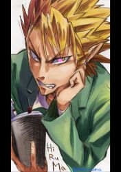 Rule 34 | 1boy, angry, aozorauma, blonde hair, book, character name, clenched teeth, eyeshield 21, fang, graphite (medium), green jacket, hand on own cheek, hand on own face, highres, hiruma youichi, holding, holding book, jacket, male focus, pillarboxed, pointy ears, solo, teeth, traditional media, twitter username, upper body