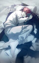 Rule 34 | 1boy, absurdres, bags under eyes, c asca, cellphone, clock, digital clock, flip phone, folding, hair between eyes, highres, holding, holding phone, hypnosis mic, id card, kannonzaka doppo, long sleeves, male focus, open mouth, pajamas, papers, phone, pillow, red hair, short hair, talking on phone, teeth, twitter username, upper teeth only, white pajamas