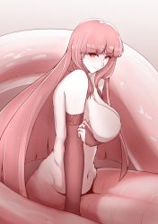 Rule 34 | 1girl, arm under breasts, breast lift, breasts, elbow gloves, female focus, gloves, lamia, large breasts, long hair, monster girl, navel, nude, original, pink hair, red eyes, solo, z umeshi