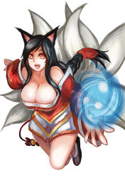 Rule 34 | 1girl, ahri (league of legends), animal ears, bare shoulders, black hair, breasts, brown eyes, detached sleeves, fox ears, fox tail, huge breasts, large breasts, league of legends, long hair, looking at viewer, low neckline, qblade, smile, solo, tail, thighs